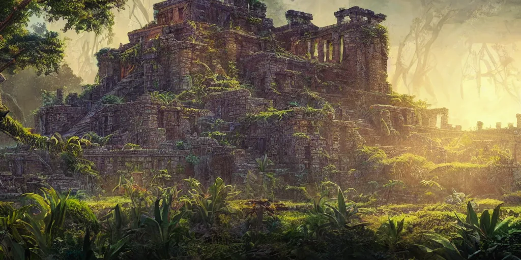 Image similar to fantasy painting of aztec ruins in a vast jungle, intricate abstract. delicate artwork. by tooth wu, wlop, beeple, dan mumford. octane render, trending on artstation, greg rutkowski very coherent symmetrical artwork. cinematic, hyper realism, high detail, octane render, 8 k, depth of field, bokeh. chrome accents.