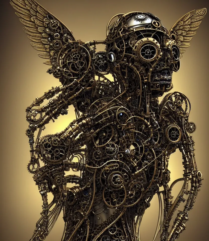 Image similar to steampunk cybernetic biomechanical robotic angel of death, symmetrical, front facing, 3 d model, very coherent symmetrical artwork, unreal engine realistic render, 8 k, micro detail, gold and steel intricate, elegant, highly detailed, digital painting, artstation, smooth, sharp focus, illustration, artgerm, tomasz alen kopera, wlop