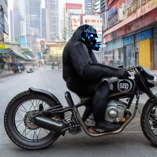 Image similar to a gorilla is riding a motor cycle in a cyberpunk city