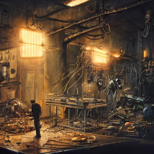 Image similar to half rusted old egg beater half stun - gun, balding older cyborg repairing, red hot soldering iron, dark messy smoke - filled cluttered workshop, dark, dramatic lighting, orange tint, cinematic, highly detailed, sci - fi, futuristic, movie still from blade runner