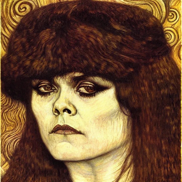 Prompt: detailed realistic theda bara face portrait by jean delville, gustav klimt and vincent van gogh, art nouveau, symbolist, visionary, gothic, pre - raphaelite, muted earthy colors, desaturated