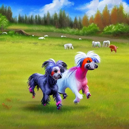 Prompt: chinese crested dogs running in a meadow, vibrant colours, bob ross painting, sharp detail, HQ