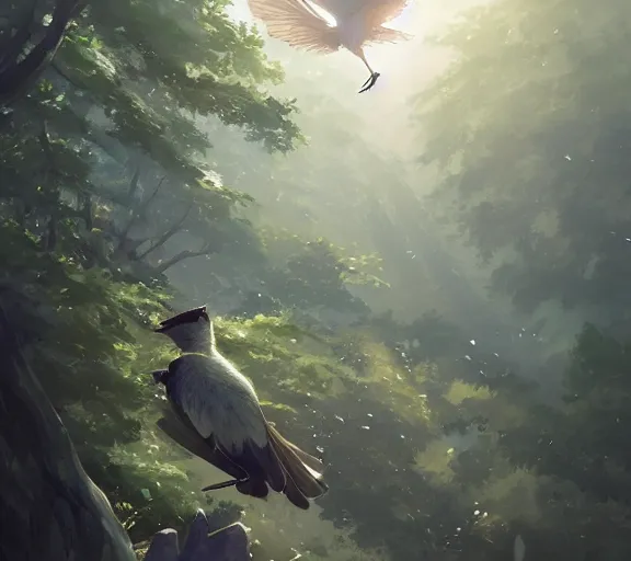 Image similar to a bird flying through a forest, wind streaks. Adventurous. By Makoto Shinkai, Stanley Artgerm Lau, WLOP, Rossdraws, James Jean, Andrei Riabovitchev, Marc Simonetti, krenz cushart, Sakimichan, trending on ArtStation, digital art.