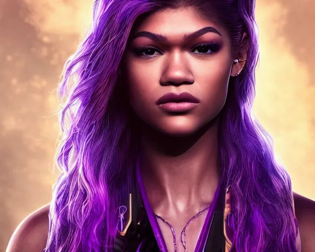 Image similar to Zendaya in heroic pose with weapon, cinematic, 4k, hyper realistic, super detailed, colorful accents, purple hair, golden ratio, symmetrical face, highly detailed professional photo, centered, rim lights, vray caustics, hyper realistic