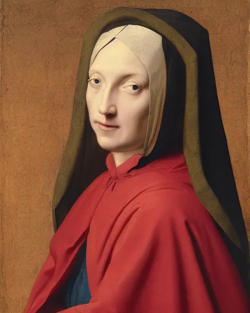 Image similar to a painting of a woman wearing a red cloak, a flemish baroque by petrus christus, unsplash, renaissance, da vinci, pre - raphaelite, studio portrait