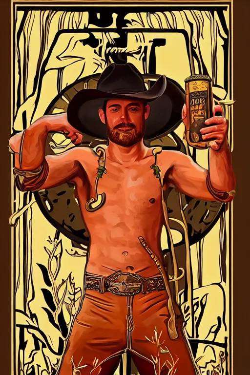 Prompt: a beautiful symmetrical tarot! card of a handsome half-naked cowboy wearing cowboy hat and boots holding a can of beans!, campfire background, beans, homoerotic, art deco!, art nouveau, by Mark Maggiori, trending on artstation