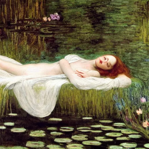 Prompt: breathtaking masterpiece of art, elizabeth eleanor siddall as ophelia laying down in water floating down the river amongst the reeds fully covered in robes fully clothed in flowing medieval robes by rosetti and monet, 8 k