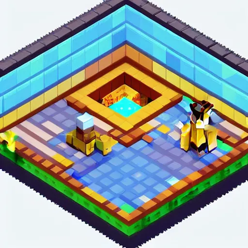 Image similar to isometric pixel art, soft lighting, pixel town, Habbo hotel style, Minecraft-like, blocks, pixels, videogame, building blocks, ultra detailed