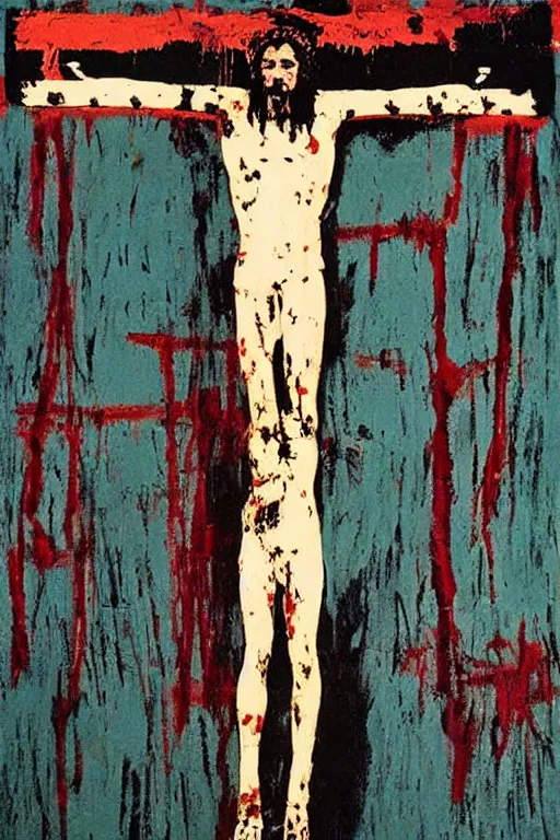 Prompt: bloody jesus christ crucified painted by cy twombly, basquiat and andy warhol