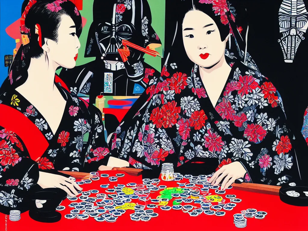 Prompt: hyperrealism composition of the detailed woman in a japanese kimono sitting at an extremely detailed poker table with darth vader, shiba inu, fireworks on the background, pop - art style, jacky tsai style, andy warhol style, acrylic on canvas