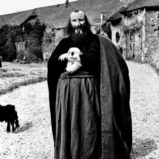 Prompt: photo of breton monks looking like rasputin on athos, with a dog and a goat