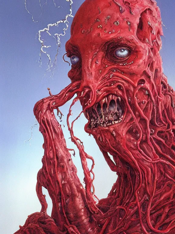 Image similar to wayne barlowe painting of a flying sorrowful looking severed human head, floating head with tears running down it's eyes, face that is chalk white in color, with long white tentacles stemming from it's neck, fiery scorching red eyes, background sprawling terrifying hellish cave with lava flowing through it's walls, 4 k