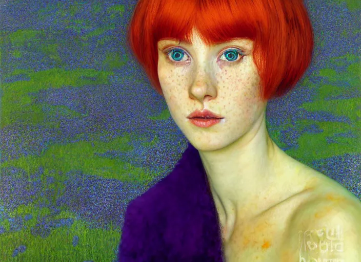 Prompt: portrait Girl with orange hair and freckles, green eyes, fine face pretty face, purple background, fine details, by Ilya Kuvshinov and Gustav Klimt