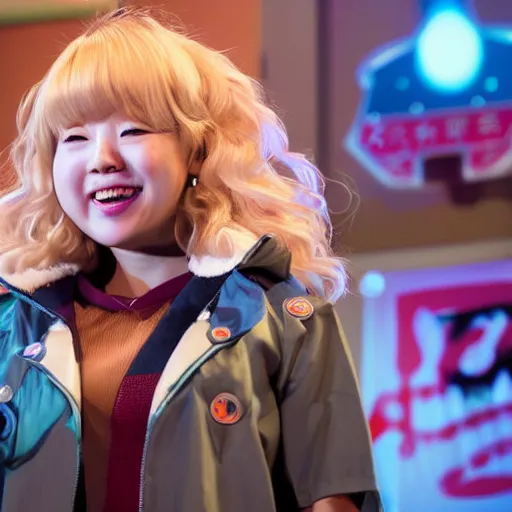 Prompt: chiaki nanami, a japanese girl with light beige hair in a bob that curls outward and bangs, a galaga hairpin, a dark turquoise hoodie, rosy cheeks, and a kind smiling face stars in her own broadway show, chiaki nanami from danganronpa, proshot getty images fullbody stage lights, gamer themed, professional photography