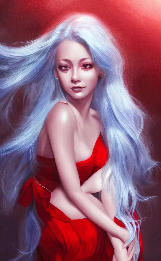 Image similar to the prettiest woman with silver blue hair, in a red and white dress portrait, dynamic lighting, fantasy concept art, trending on art station, stunning visuals, creative, cinematic, ultra detailed, ray tracing, sun rays, hyper realistic