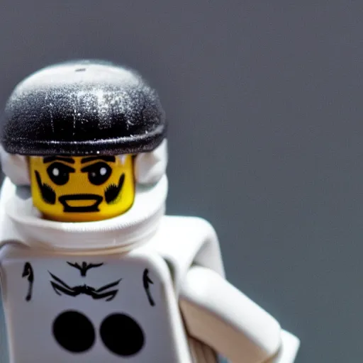 Image similar to closeup shot of lego astronaut with real black widow spider ( eos 5 ds r, iso 1 0 0, f / 8, 1 / 1 2 5, 8 4 mm, postprocessed, bokeh )