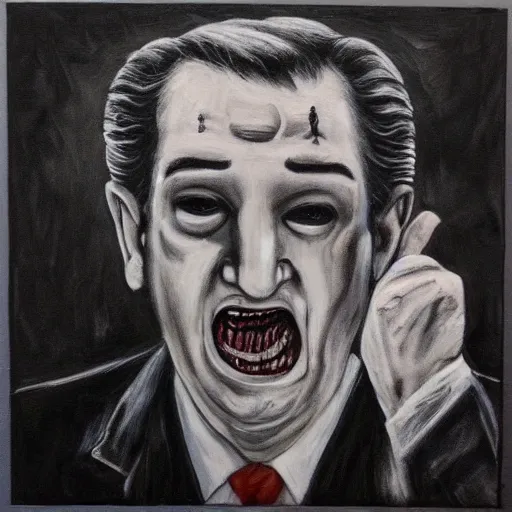 Image similar to Ted Cruz escapes, black and white, creepy lighting, scary, horror, ornate, eerie, fear, oil painting