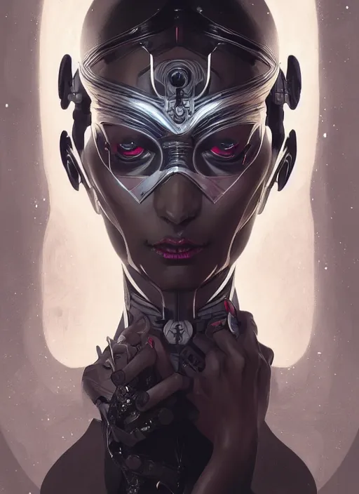 Prompt: symmetry!! portrait of cyborg ninja, gothic, dark, intricate, elegant, highly detailed, digital painting, artstation, concept art, smooth, sharp focus, illustration, art by artgerm and greg rutkowski and alphonse mucha