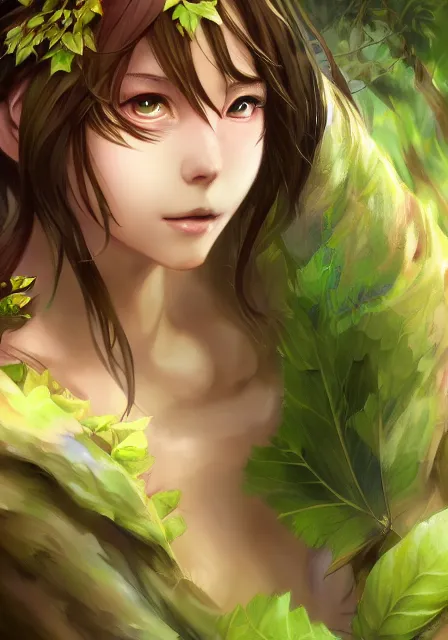 Image similar to A realistic anime portrait of a handsome fat dryad with glowing green eyes and tree bark skin wearing clothes made of leaves, digital painting, by Stanley Artgerm Lau, Sakimichan, WLOP and Rossdraws, digtial painting, trending on ArtStation, SFW version