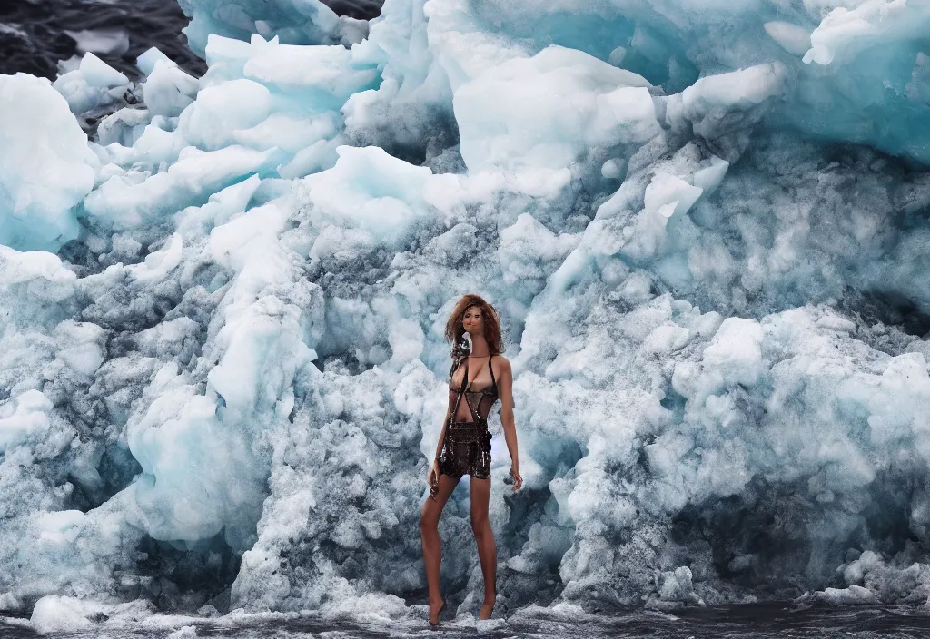 Image similar to fashion editorial on melting iceberg falling in the sea. huge waves. highly detailed. depth of field. high definition. 8k. photography.