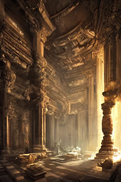 Prompt: inside an ancient temple, portrait, powerfull, intricate, elegant, volumetric lighting, scenery, digital painting, highly detailed, artstation, sharp focus, illustration, concept art, ruan jia, steve mccurry