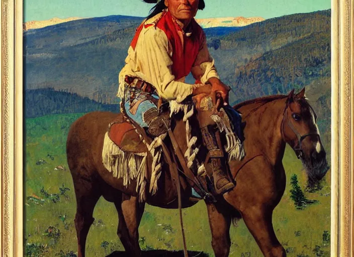 Image similar to western painting, native american sitting on horse on top of hill, by norman rockwell