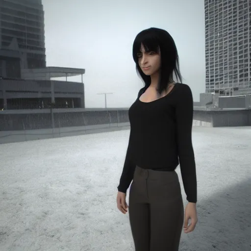 Prompt: « attractive, middle length hair, black hair, girl, photorealistic, unreal engine 5, highly detailed, sharpe focus, front view, ghost in the ´, building skyscraper in the background »