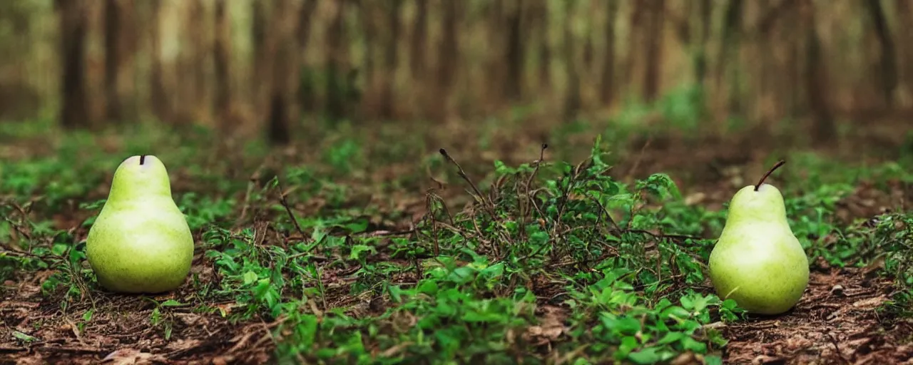 Image similar to a cute green pear animal walking in front of a forest, and looking at the camera; nature photography