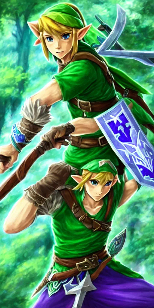 Image similar to link dressed in traditional green tunic and cap, holding the master sword and hylian shield in each hand, in dynamic fighting pose, clear detailed face with focused expression, mystical forest background, dark skies, green purple blue pink iridescent color scheme, intricately detailed, finely textured, pixiv paigeeworld drawcrowd