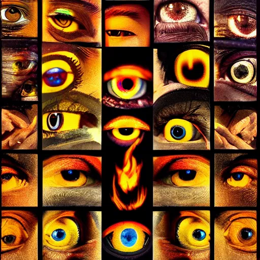 Prompt: collage, wall of eyes, reflections, fire, flames, wall of eyes, hd photograph