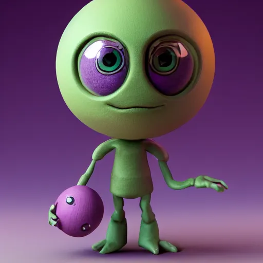 Image similar to photo of a comically tiny clay model of character with large spherical purple head and large childlike eyes with comically tiny body and spindly limbs leans close to the camera, fish eye lens, 4 k, hyper realistic, hyper detailed face, octane render, comedic, cute