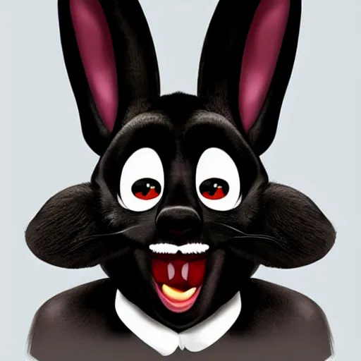 Prompt: A extremely highly detailed majestic hi-res beautiful, highly detailed head and shoulders portrait of a scary terrifying, horrifying, creepy black cartoon rabbit with scary big eyes, earing a shirt laughing, hey buddy ole pal, let's be friends, in the style of Walt Disney