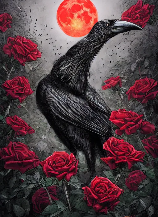 Image similar to portrait, A crow with red eyes in front of the full big moon, book cover, red roses, red white black colors, establishing shot, extremly high detail, foto realistic, cinematic lighting, pen and ink, intricate line drawings, by Yoshitaka Amano, Ruan Jia, Kentaro Miura, Artgerm, post processed, concept art, artstation, matte painting, style by eddie mendoza, raphael lacoste, alex ross