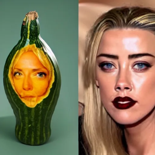 Image similar to a gourd shaped to look like the face of amber heard