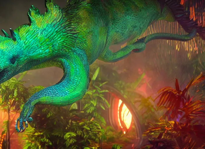 Prompt: a cg render of a colorful 🐉 as 🦕 in a noir galactic jungle, 8 k, unreal engine, detailed, hyperrealistic, octane