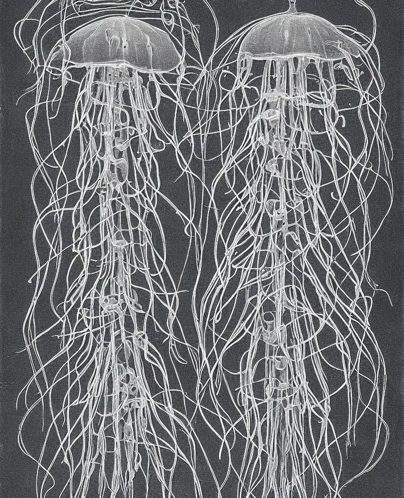 Prompt: historic scientific illustration of a species of jellyfish by ernst haeckel