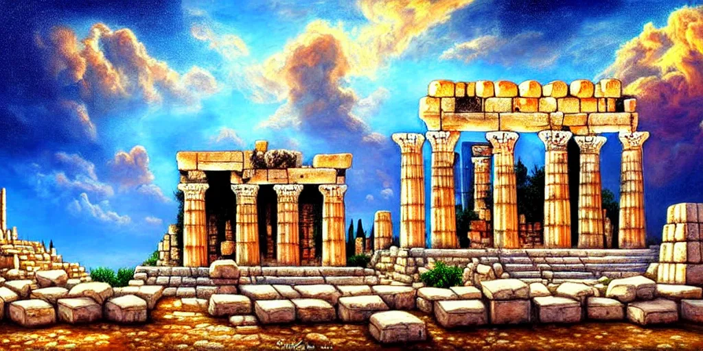 Image similar to illusion painting hidden image : an adorable small fox in the huge ruins of the second temple in jerusalem. the dreamy clouds above are shaped like the new temple. a hooded bearded old man in a brown tunic laughing, colorful 8 k, art station, intricate superb details, digital art, illusion painting hidden image.