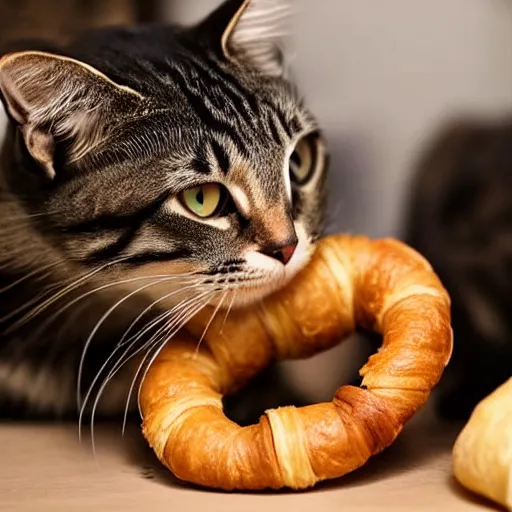 Prompt: a cat eating a croissant