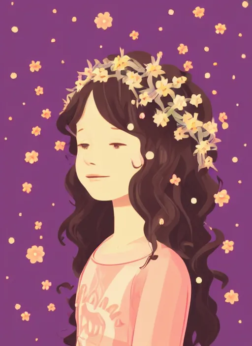 Image similar to little girl with wavy curly light brown hair. wearing a flower crown and chasing fireflies in the woods. clean cel shaded vector art. shutterstock. behance hd by lois van baarle, artgerm, helen huang, by makoto shinkai and ilya kuvshinov, rossdraws, illustration, art by ilya kuvshinov