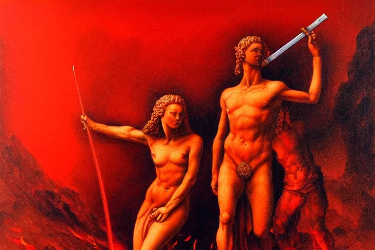 Image similar to only with red, a red melted apollo with a laurel wreath and a flaming sword announce the win, atene in the background, in the style of beksinski, part by hopper, part by rodcenko, part by hofbauer, intricate composition, red by caravaggio, insanely quality, highly detailed, masterpiece, red light, artstation