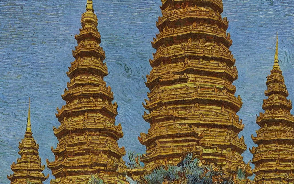 Image similar to twin chinese buddhist pagodas made of stone in a beautiful chinese landscape by vincent van gogh