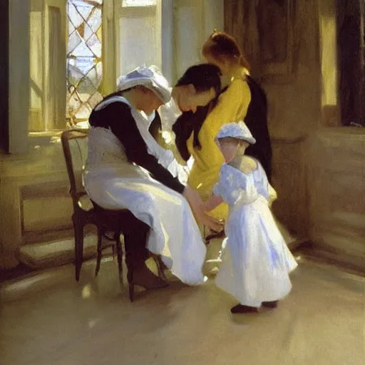 Image similar to vaccination, painting by john singer sargent, oil on canvas