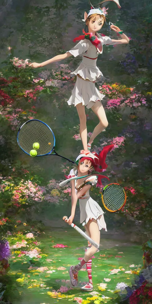 Prompt: An elf playing tennis on a tennis court made of flowers,Japanese anime style, gorgeous atmosphere, full of details, matte painting, concept art, smooth, by Shinkai Makoto and Ina Wong and wlop ，trending on cgsociety and artstation，8kHDR，light effect