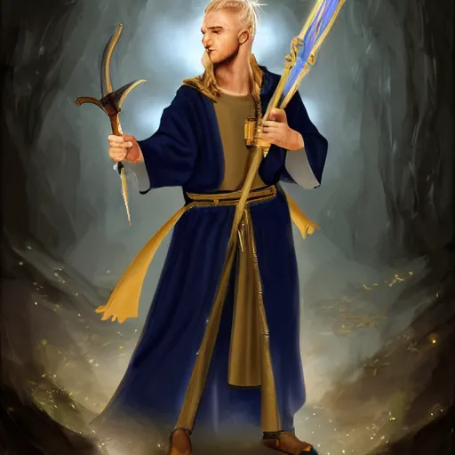 Prompt: A young well kept shaved sorcerer with a blonde ponytail in a navy blue robe with gold accents, he holds a magical staff of light with a bright crystal, medieval fantasy, digital art, trending on artstation