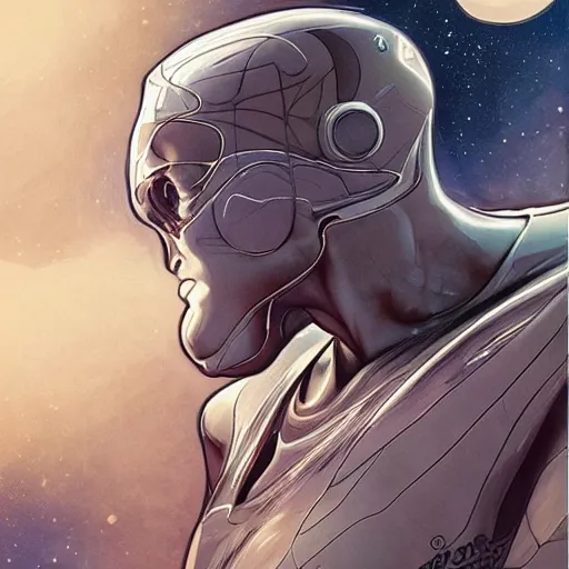Image similar to silver surfer in space on top of a jdm car, intricate, elegant, highly detailed, digital painting, artstation, concept art, smooth, sharp focus, illustration, art by Krenz Cushart and Artem Demura and alphonse mucha