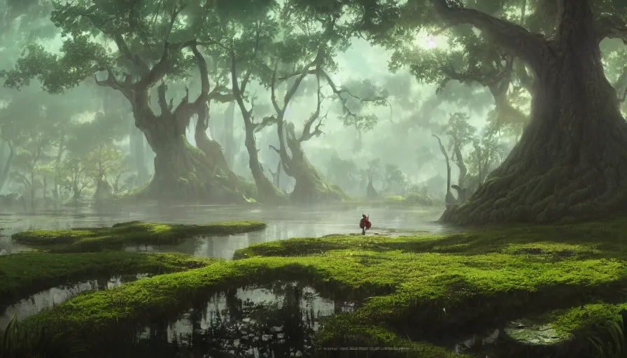 Image similar to A highly detailed matte painting of Shrek's huge swamp, by Studio Ghibli, Makoto Shinkai, by Artgerm, by WLOP, by Greg Rutkowski, volumetric lighting, octane render, 4K resolution, trending on artstation, masterpiece