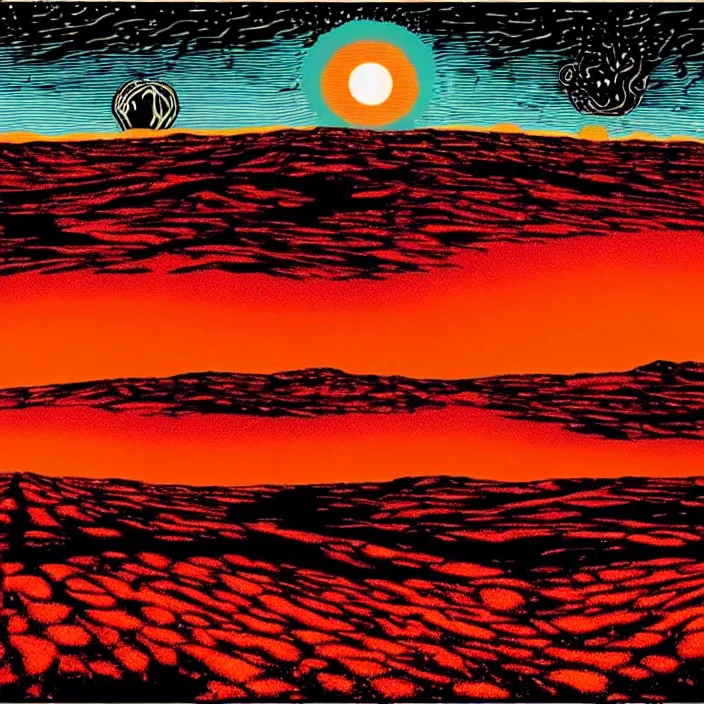 Prompt: alien planet landscape with scorched grasslands and forests on fire. gigantic red hot sun. jeffrey smith, stanley donwood