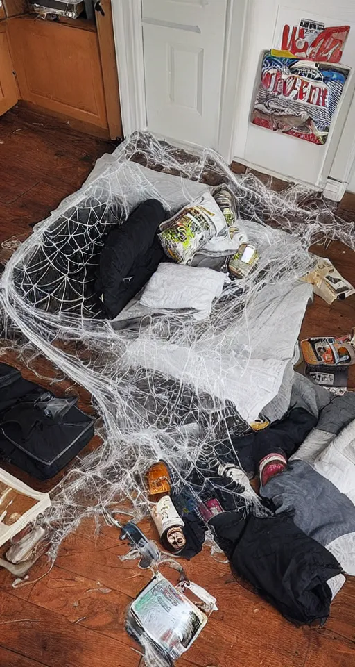 Image similar to home for eight legged lads, unfurnished house, spiderwebs, beer cans, blanket and vape on floor