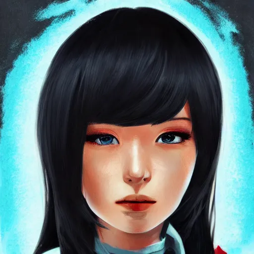 Image similar to full face shot of rimuru tempest, sky blue straight hair, long bangs, with amber eyes, wearing a fancy black jacket, high collar, ultra detailed, brush strokes, digital painting, cinematic, wlop artstation, closeup, pixiv, intense, intimidating glare, photorealistic, overpowering, andy warhol,