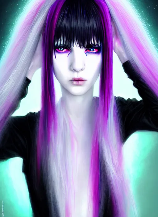 Image similar to hair whitebangs hair, black cyberlox, portrait of teenage girl with white bangs, whitebangsblackhair, messy bangs, cyberlox, whitebangs, red irises, purple clothes, intricate, elegant, glowing lights, highly detailed, digital painting, artstation, concept art, sharp focus, illustration, art by wlop, mars ravelo and greg rutkowski